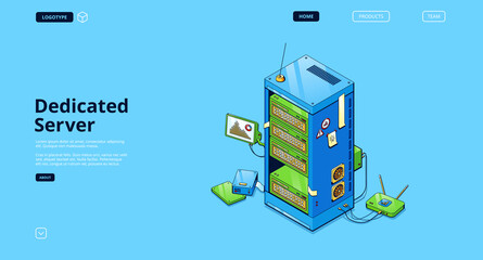 Dedicated server isometric landing page, computer data storage equipment, pc memory database, hardware. Electronic device for web hosting, information saving technology 3d vector line art web banner