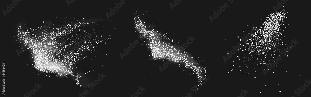 Scatters of sugar or salt crystals with white dust. Vector realistic set of stains of crushed pieces of chalk or sand, coarse culinary ground sea salt or sugar granules isolated on black background - obrazy, fototapety, plakaty 