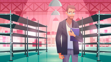 Businessman In Warehouse With Empty Metal Racks. Vector Cartoon Illustration Of Storage Room Interior With Worker And Shelves For Stock, Cargo, Goods. Storehouse With Man With Folder