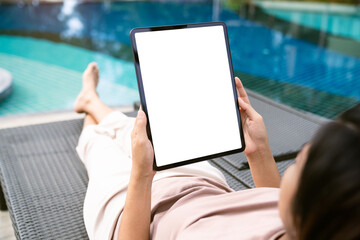 Aufkleber - focus on female hand holding digital tablet white screen device