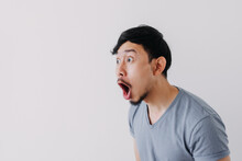 Shocked And Surprised Face Of Asian Man In Isolated On White Background.