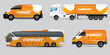 Vector car identity template design set of Coach Promo tour Bus, Cargo Van, and Commercial Car isolated on grey. Abstract hi-tech technology geometric elements for Brand identity and Advertising
