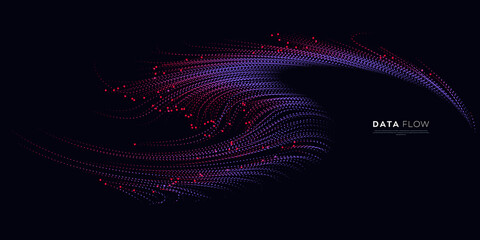 Wall Mural - Wave vector element with abstract colorful dots line on dark background. Futuristic data stream illustration use for quantum technology, digital, science, music, communication.