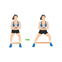 Woman doing Lateral banded walk. Side walk with resistance band exercise. Flat vector illustration isolated on white background