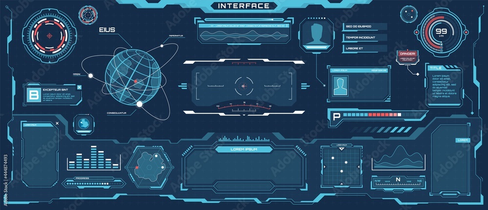 Futuristic hud interface. Sci-fi virtual communication display layout. Digital hologram screen, spaceship control panel vector template. Bars, titles, dashboard and window with information - obrazy, fototapety, plakaty 