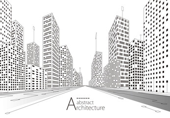 Aufkleber - 3D illustration Imagination modern urban landscape background,architecture building construction perspective design drawing.