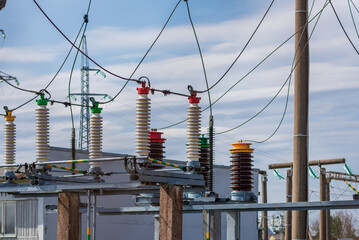 High voltage power transformer,generator electric in substation.Front view to high-voltage substation with switches.