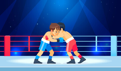 Young guys muscular boxers in boxing gloves stand in a clinch in the ring. Cartoon characters boy vector illustration