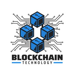 Aufkleber - Blockchain technology icon, cryptocurrency payment service vector emblem. Blue cubes with key, computer motherboard tracks. Digital money technology, future electronic transaction database