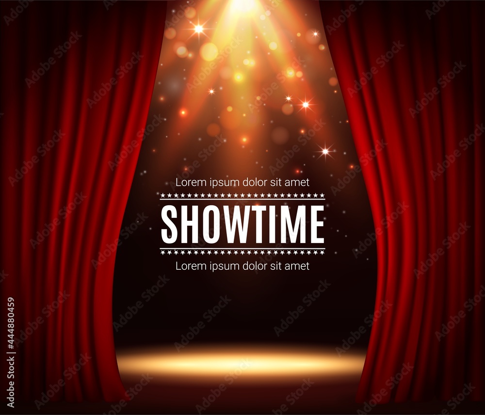 Stage with red curtains, theater scene vector background with spotlight illumination and sparkles. Showtime poster for performance, music show or concert with realistic 3d red curtains and light glow - obrazy, fototapety, plakaty 