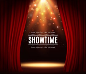 stage with red curtains, theater scene vector background with spotlight illumination and sparkles. s