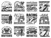 Motor Sport Racing, Vintage Motobike Service Icons Set. Motorcycle Racer, Vintage Chopper And Motocross Bike, Formula One Retro And Modern Car, Engine Pistons, Checkered Flag And Champion Cup Vector