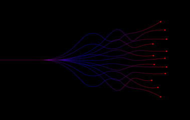 AI Artificial intelligence wave lines neural network purple blue and green light isolated on black background. Vector in concept of technology.