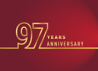 97th years anniversary logotype, gold colored isolated with red background, vector design for celebration, invitation card, and greeting card