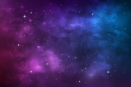 starry universe, space galaxy nebula, stars and stardust. vector cosmic background with blue and pur