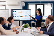 © DC Studio - Young team leader in big corporation briefing coworkers pointing at graph meeting. Corporate staff discussing new business application with colleagues looking at screen