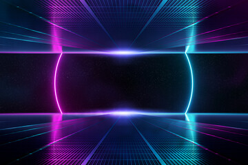 Aufkleber - Abstract background pathway leading to blue and pink neon light circle reflecting on the floor 3D rendering