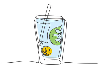 Wall Mural - Continuous single line drawing of fresh lemonade ice on jar glass with sliced lemon isolated on white background. Cafe menu and restaurant badge concept minimalism one line draw art design