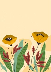 Fototapete - Card with blossomed flowers, plants, leaves and place for text. Vertical floral background. Flyer with autumn nature. Modern flat vector illustration of botanical banner with gentle wildflowers