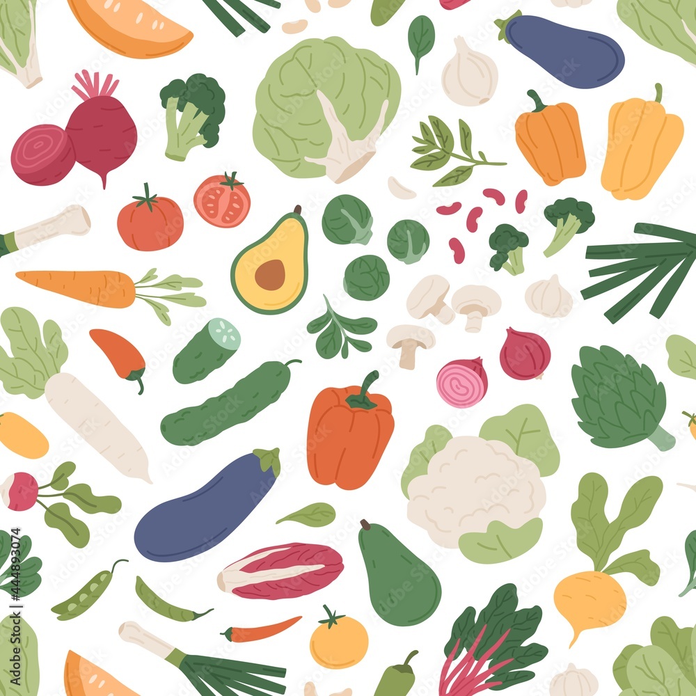 Seamless pattern with fresh vegetables on white background. Repeatable texture with different vegetarian food. Printable farm organic veggies for wrapping. Colored flat vector illustration - obrazy, fototapety, plakaty 