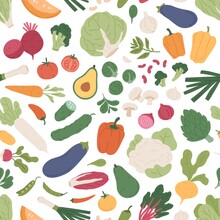 Seamless Pattern With Fresh Vegetables On White Background. Repeatable Texture With Different Vegetarian Food. Printable Farm Organic Veggies For Wrapping. Colored Flat Vector Illustration