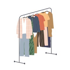Wall Mural - Wardrobe of modern women clothing hanging on floor hanger rack. Assortment of casual apparels. Collection of stylish summer garments. Flat vector illustration isolated on white background