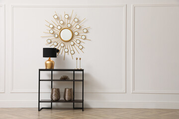 Wall Mural - Console table near white wall with mirror in hallway, space for text. Interior design