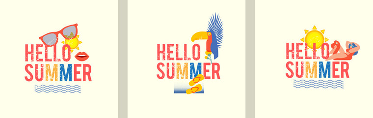 hello, summer! season poster template set with silk-screen effect. serigraphy design.