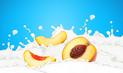 Poster - Cutted peach in milk splashes isolated on a blue background.