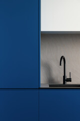 Wall Mural - Navy blue kitchen furniture and black sink with black tap