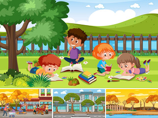 Poster - Four different scenes with children cartoon character