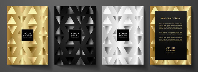 Wall Mural - Modern black and gold background design set. Abstract luxury geometric pattern (silver triangle texture). Graphic vector background for notebook template, business template, brochure, restaurant menu