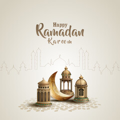 islamic greeting ramadan kareem card design background with beautiful lanterns and crescent