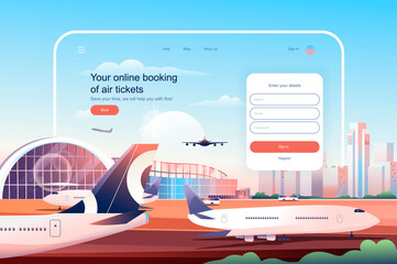 Aufkleber - Online booking at air tickets concept. Airplane ticket reservation service website layout. International tourism and travel, go on vacation. Vector illustration in flat design for landing page