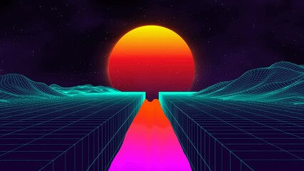 Wall Mural - synthwave wireframe landscape. sun over the grid. 80s style retro futurism background. retro wave ho