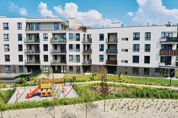 Wall Mural - Modern residential complex. Facade of new house block in Europe. Complex of apartment residential buildings in Warsaw