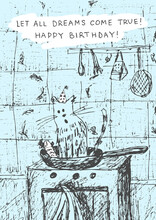 Hand Drawn Digital Funny
Birthday Print Jpg. Cat In Birthday Cap In The Kitchen. Frying Pan. A Fish. Universal Design Mockup Card For Man And Woman. Wishes For Dreams To Come True