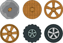 Evolution Of The Wheel. Stone Wheel, Wooden Wheel, Modern Wheels.