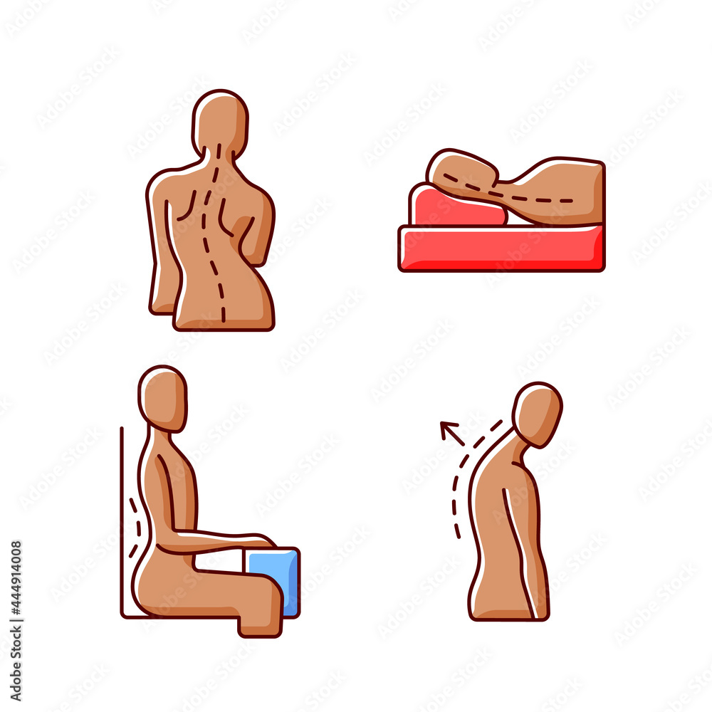 Poor posture problems RGB color icons set. Scoliosis. Sleeping with ...