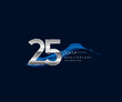 25th Years Anniversary celebration logotype silver colored with blue ribbon and isolated on dark blue background