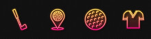 Set Line Golf Ball, Club, Location Golf Sport And Shirt. Glowing Neon Icon. Vector