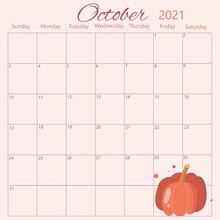 Colorful Autumn Calendar For October 2021 With Pumpkin