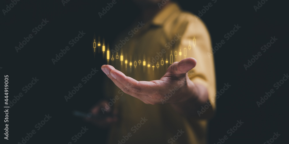 planning and strategy, Stock market, Business growth, progress or success concept. Businessman or trader is showing a growing virtual hologram stock, invest in trading..