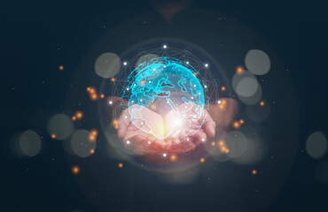 Leinwandbilder - businessman holding Global network connection. Big data analytics and business intelligence concept. World map point and line composition concept of global business.Digital link tech.