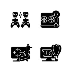 Wall Mural - Cooperative games black glyph icons set on white space. Playing against other players. Intelectual trivia questions. Fun adventure stories with npc. Silhouette symbols. Vector isolated illustration