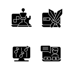 Poster - Competitive games types black glyph icons set on white space. Combat between teams. Rhythm activities. Visual novels with interesting stories. Silhouette symbols. Vector isolated illustration