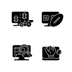 Poster - Sport simulators types black glyph icons set on white space. Virtual car controlling racing. Playing football games with friends and family. Silhouette symbols. Vector isolated illustration