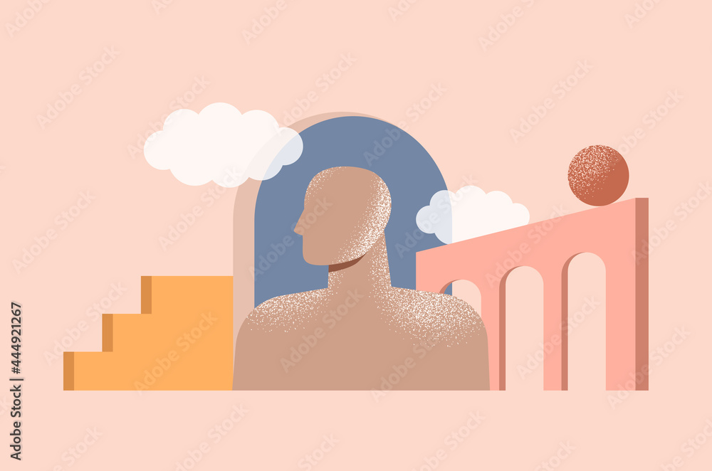 Philosophy, psychology, mental health concept. Inner world of a person. Minimal abstract illustration with geometric shapes and modern architecture. Human mind, brain, thinking. Isolated vector - obrazy, fototapety, plakaty 
