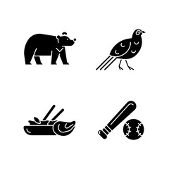 Sticker - Taiwan national endemic black glyph icons set on white space. Formosan black bear. Mikado pheasant gamebird. Traditional thai cuisine. Baseball league. Silhouette symbols. Vector isolated illustration