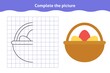 Complete the picture. Educational game, reflection image for toddlers. Symmetrical worksheet with basket with eggs
for kindergarten and preschool. Children pastime, training for visual perception